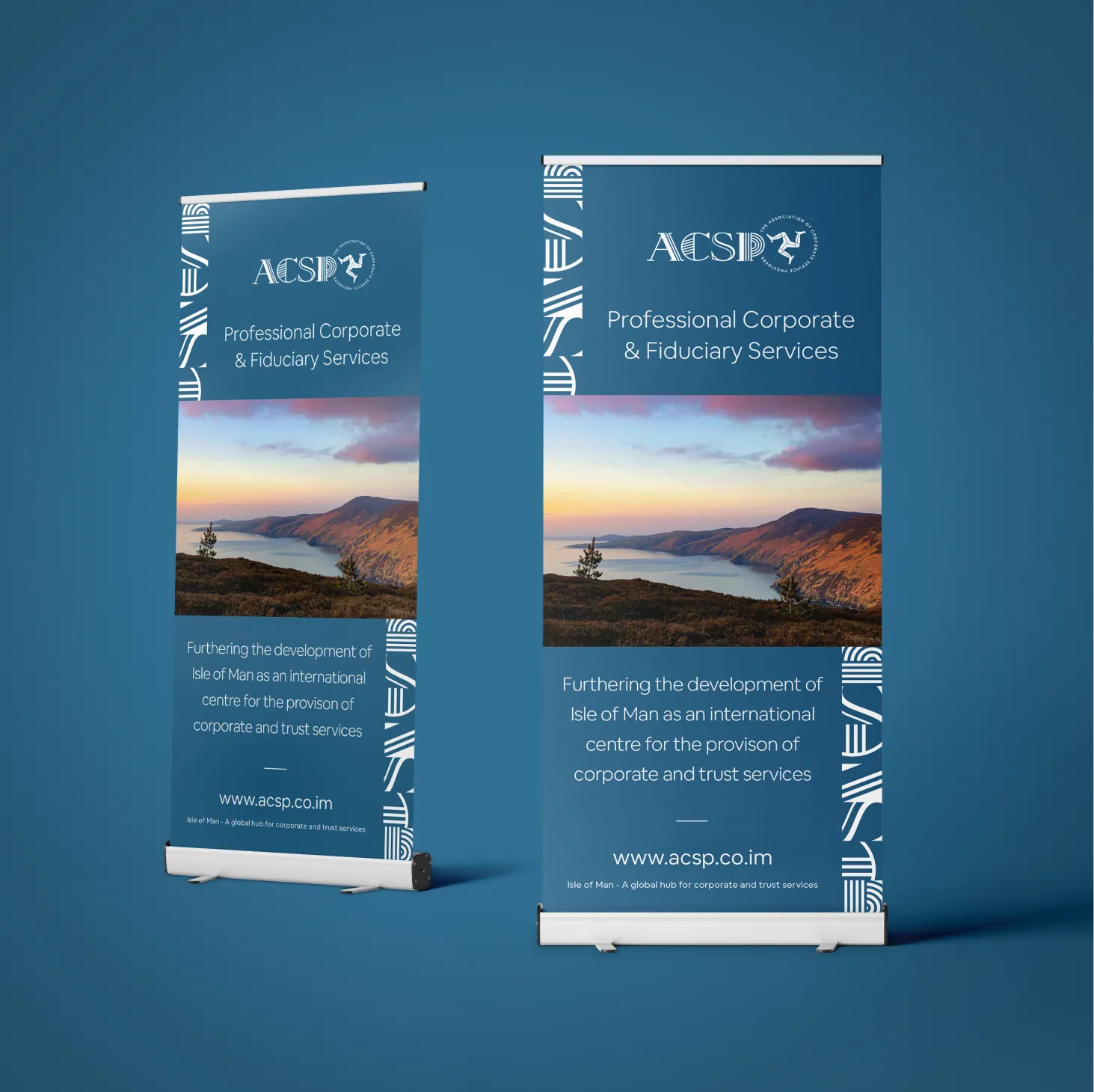 Two ACSP roller banners designed by DotPerformance for the Association of Corporate Service Providers, featuring Isle of Man landscape photography and Professional Corporate and Fiduciary Services messaging